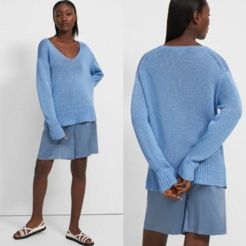 Nwt Theory V-Neck Sweater In Knit Linen Gorgeous Blue Color